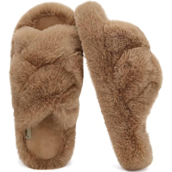 Shoes - Women's Open Toe Slide Faux Fur Fuzzy Fluff Brown House Slippers Shoes